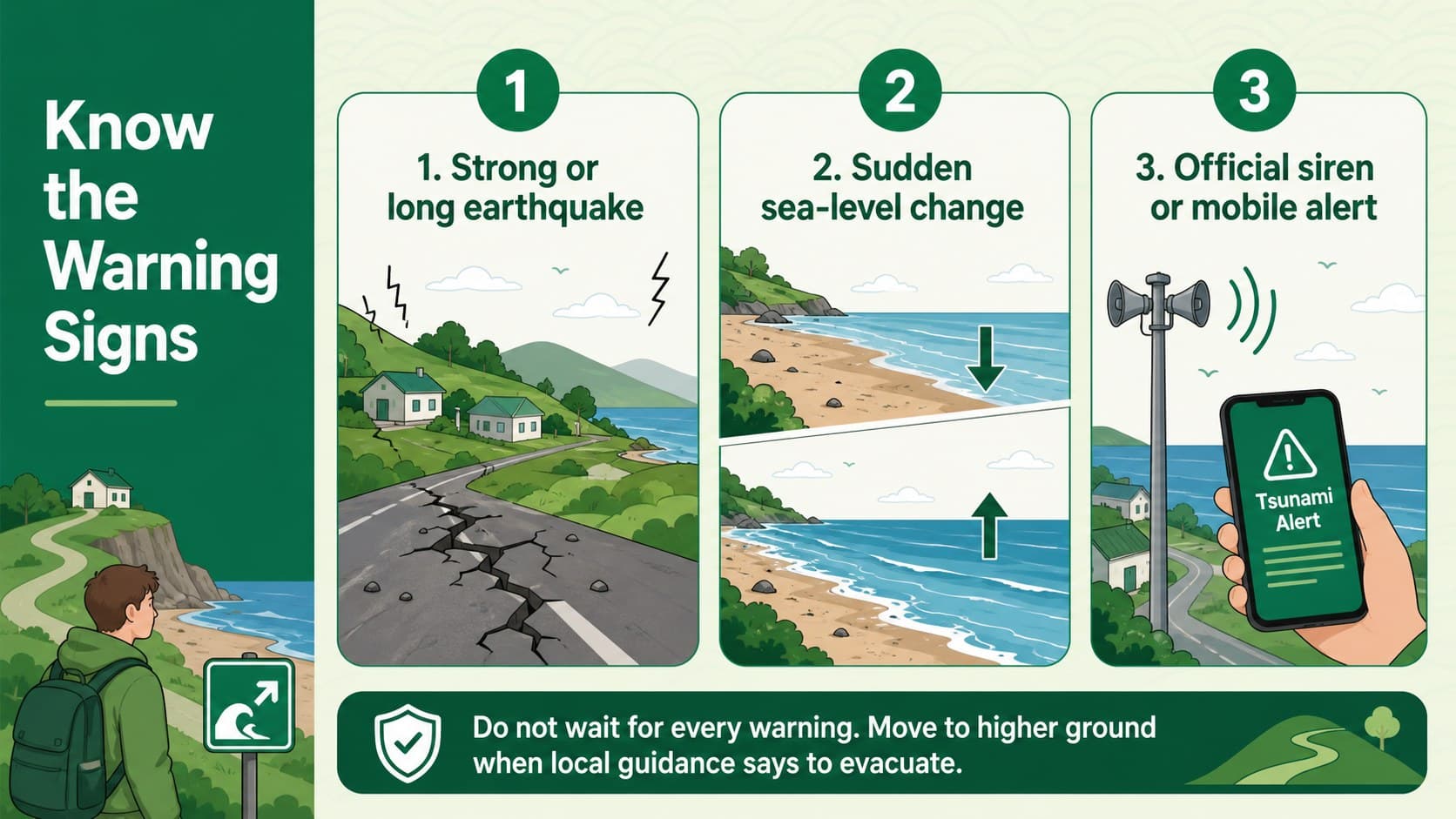 Tsunami warning signs infographic explaining earthquake, sea-level, and official alert cues.