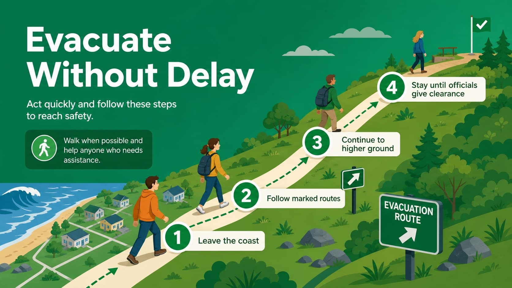 Tsunami evacuation route presentation slide with a four-step path toward higher ground.