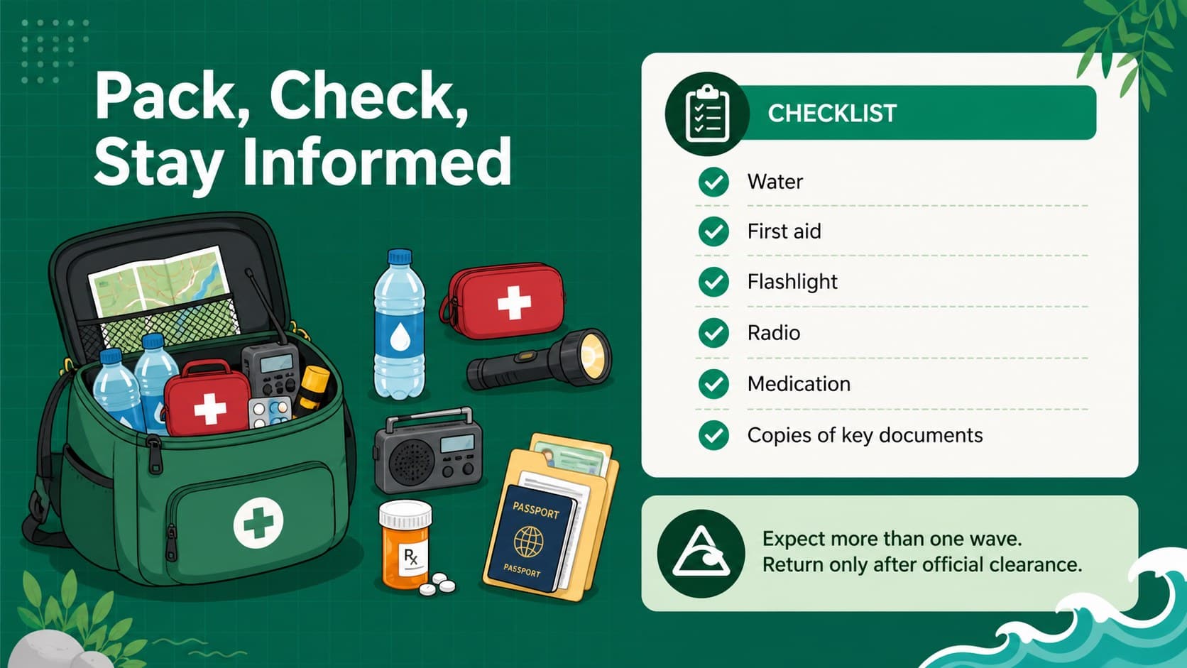 Green tsunami go bag checklist slide showing essential supplies and post-evacuation reminders.