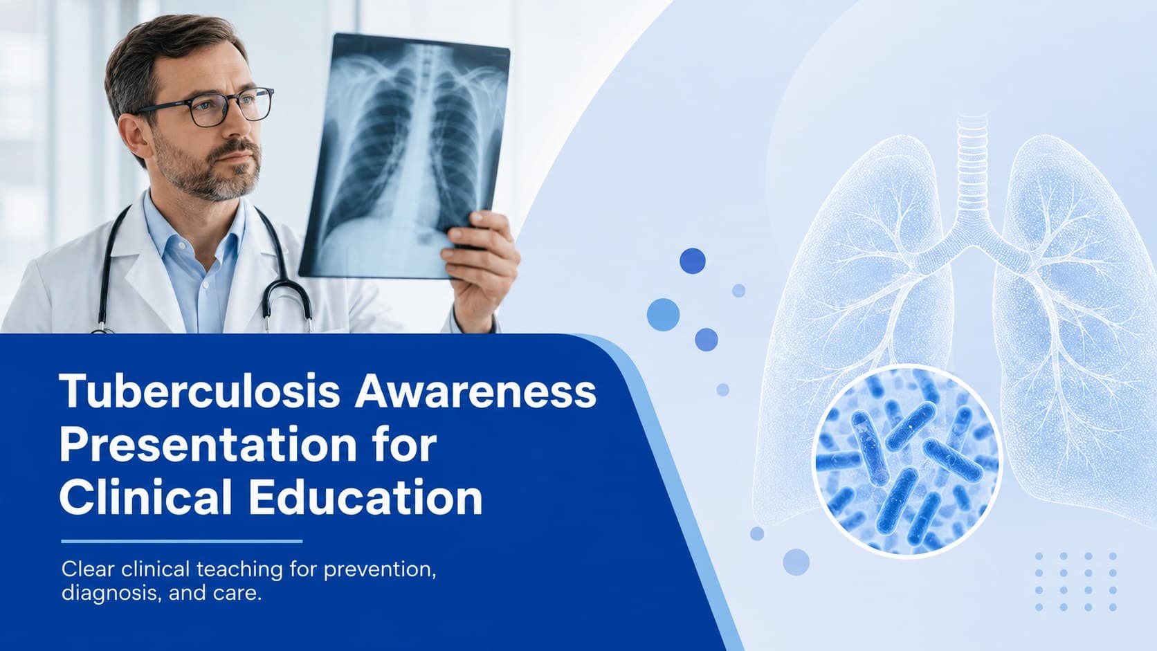 Cover of a tuberculosis awareness presentation with a clean blue-and-white clinical design.