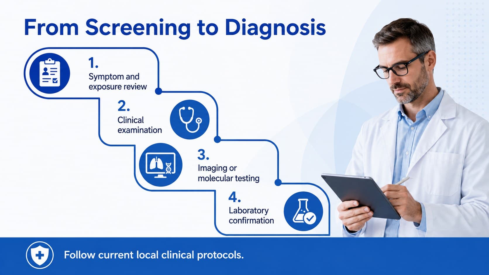 Clinical tuberculosis training template slide presenting a four-stage diagnostic pathway.