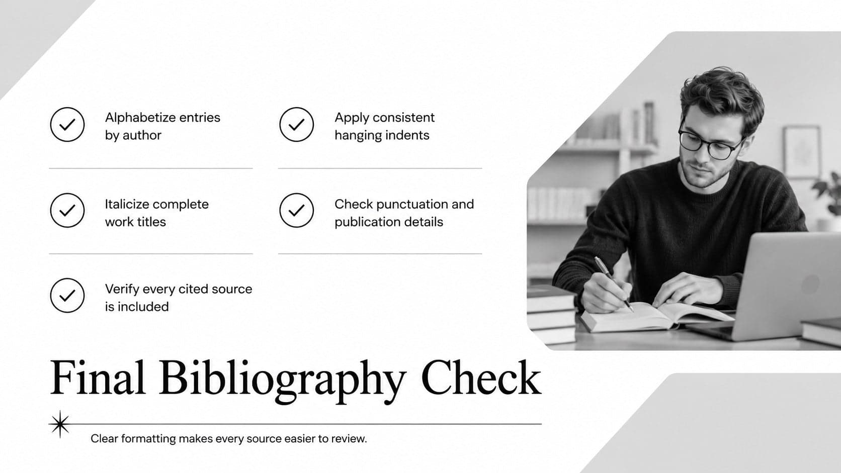 Minimalist grey citation slide with a final Turabian bibliography review checklist.