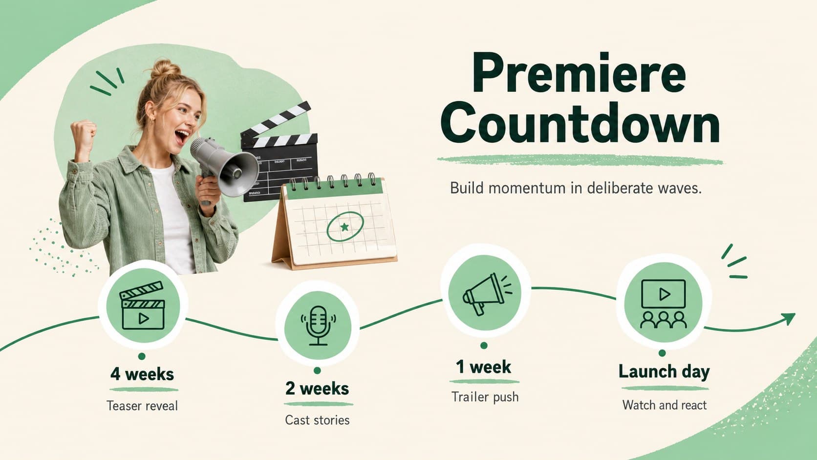 Television premiere promotion plan showing a four-stage countdown from teaser to launch day.