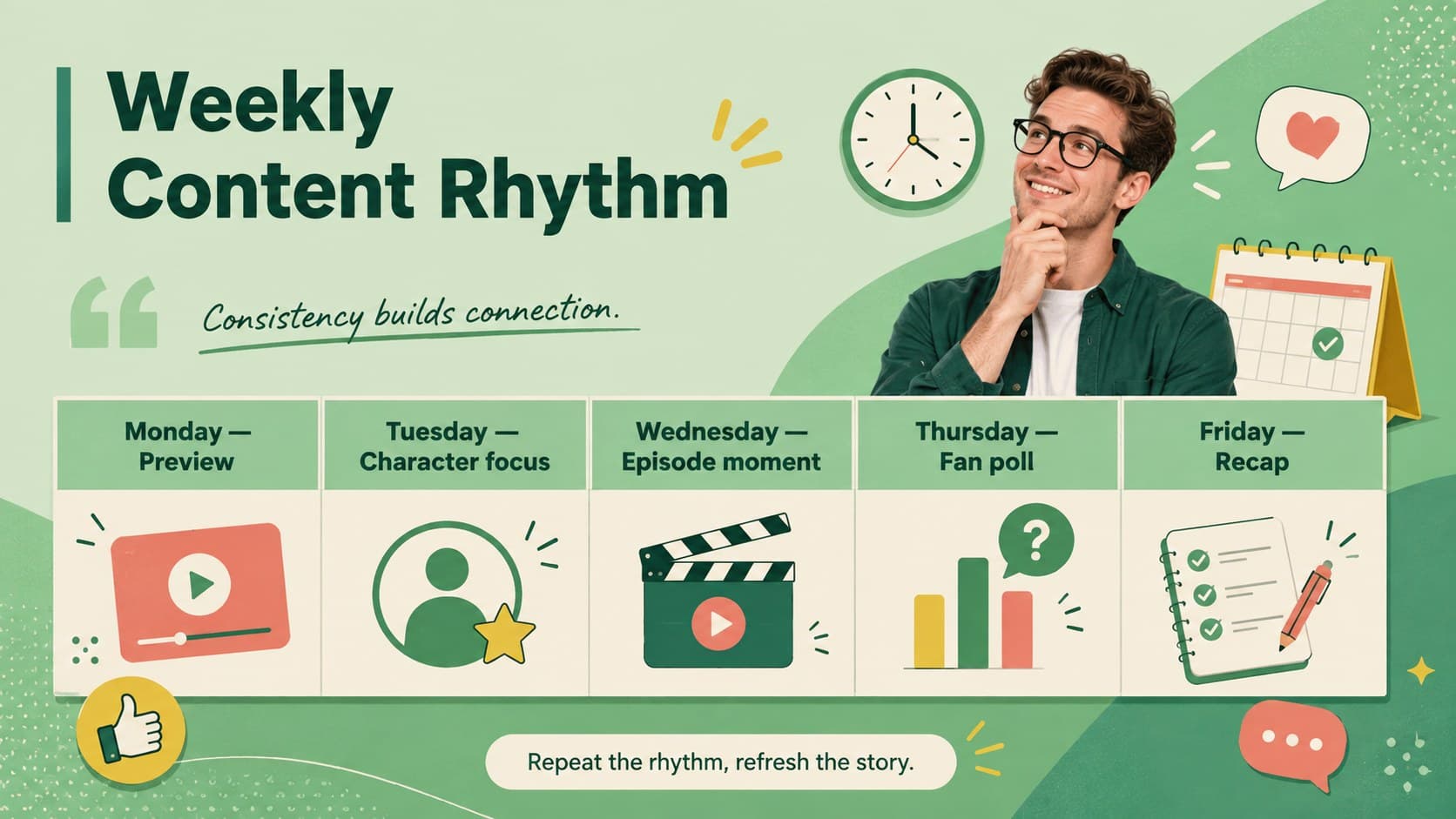 Weekly episode social post planner mapping content before, during, and after broadcast.