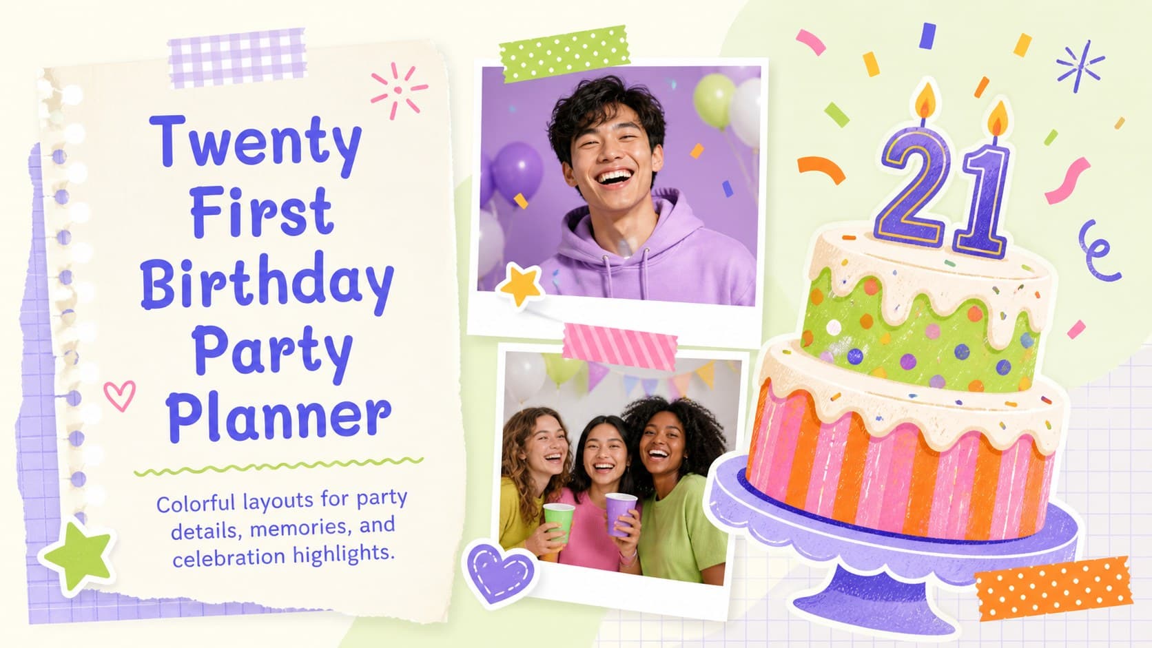 Colorful scrapbook cover slide for a twenty first birthday party planner with festive illustrations and photo accents.