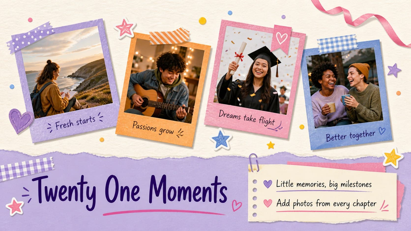 Milestone birthday memory book slide with photo frames, short captions, and colorful illustrated accents.