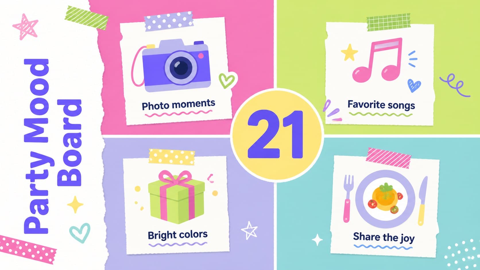 Birthday celebration mood board slide featuring party colors, activity ideas, icons, and planning notes.