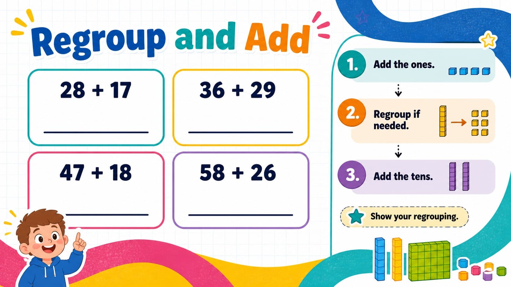 Two-digit addition with regrouping practice slide featuring colorful equation boxes and a step-by-step example.
