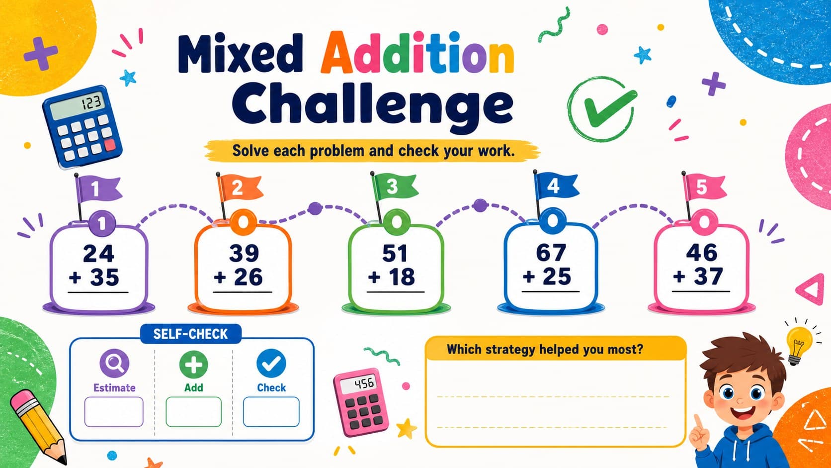 Mixed two-digit addition review activity with challenge problems, answer checks, and colorful geometric accents.