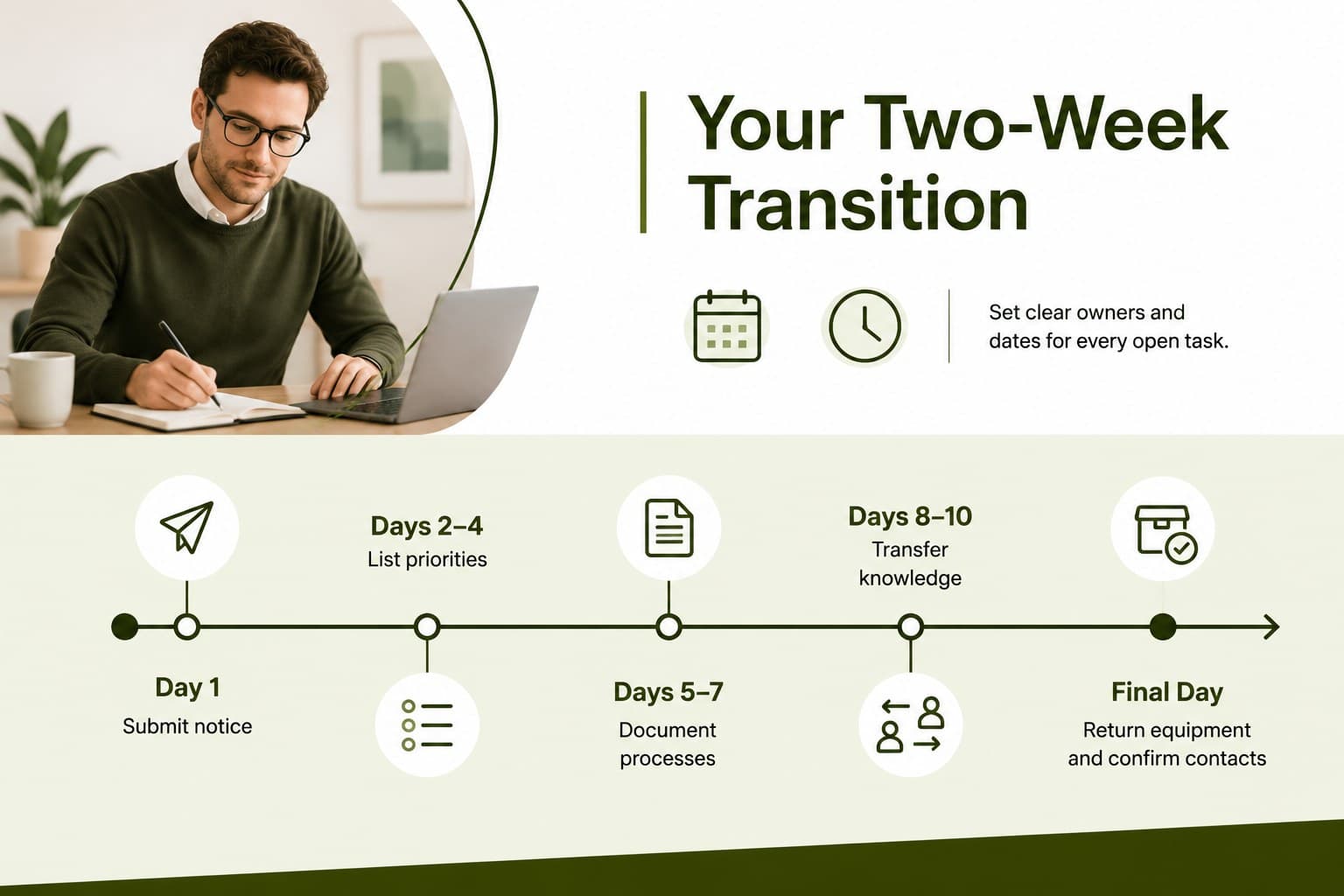Green and white two week notice timeline slide showing resignation and handover milestones.