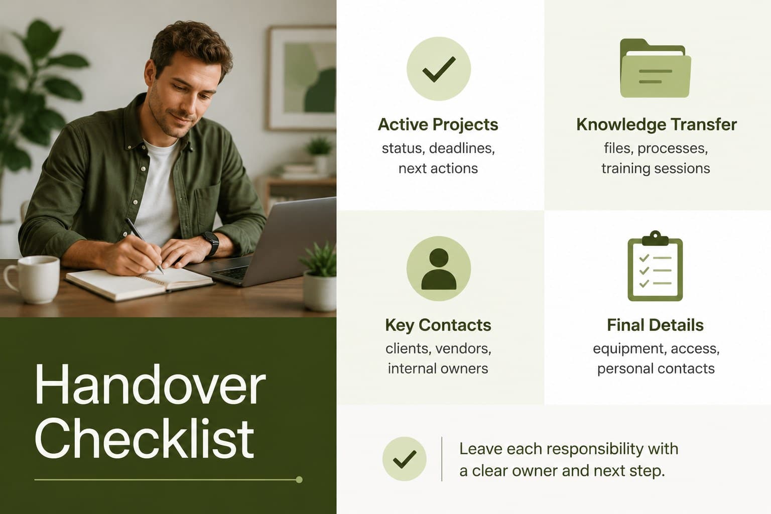 Resignation transition checklist deck slide organizing projects, knowledge transfer, contacts, and company property.