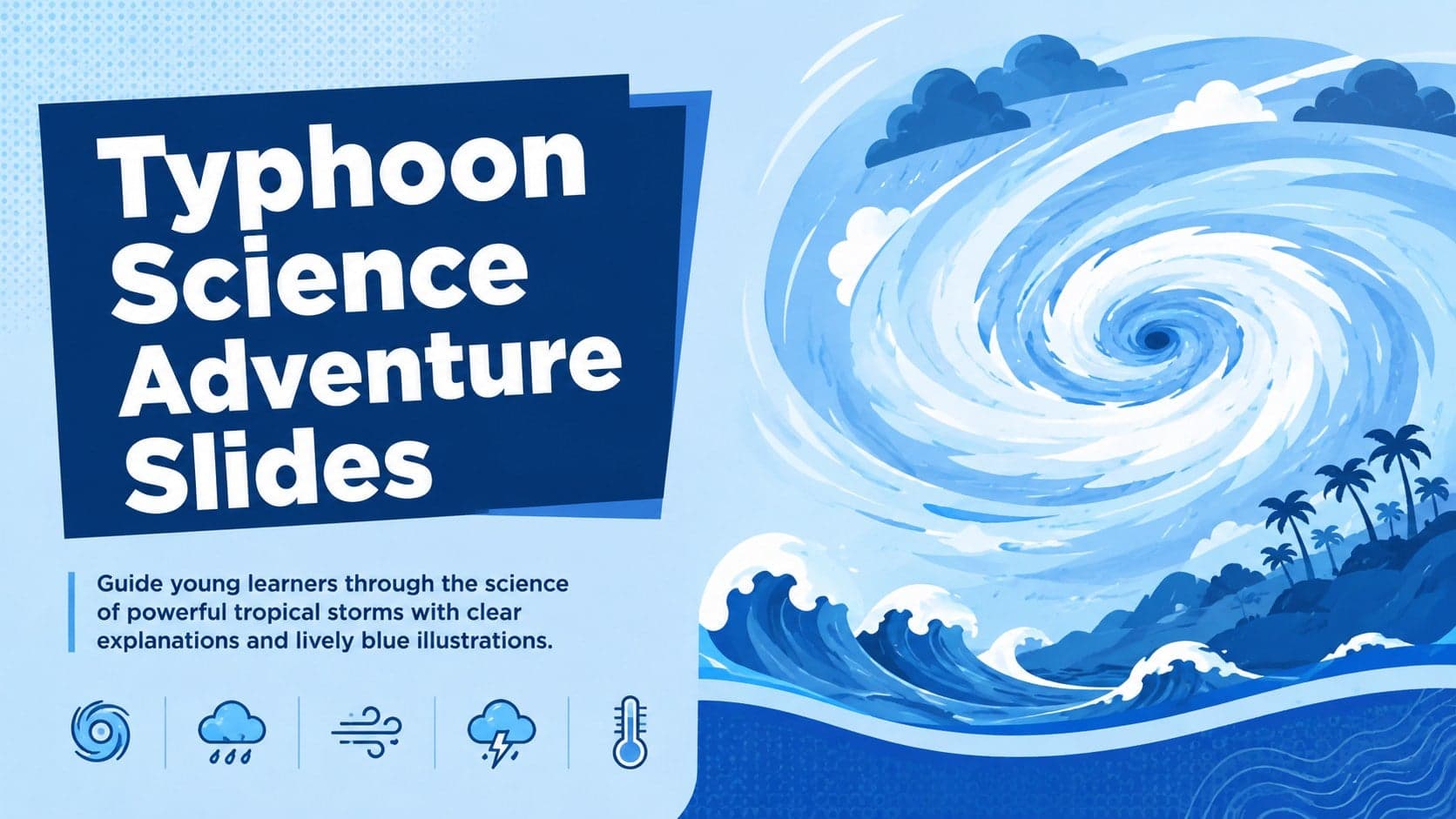 Cover of the Typhoon Science Adventure Slides with blue storm illustrations for an elementary weather lesson.