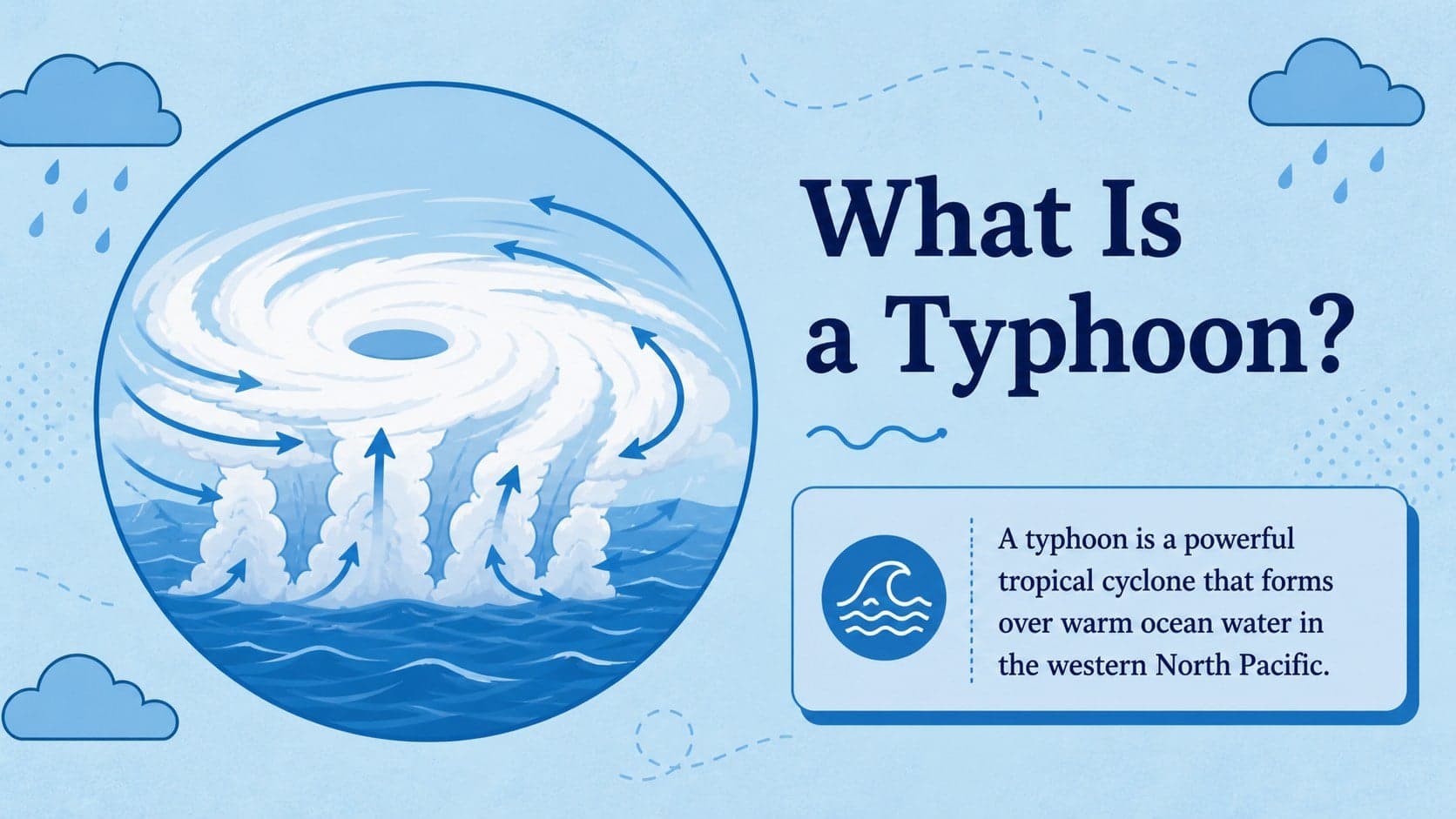 Illustrated tropical cyclone definition slide explaining what a typhoon is to elementary students.