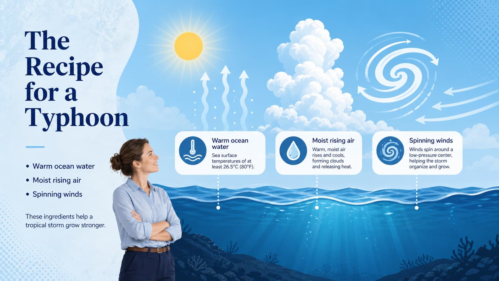 Weather science slide illustrating the warm ocean conditions needed for typhoon formation.