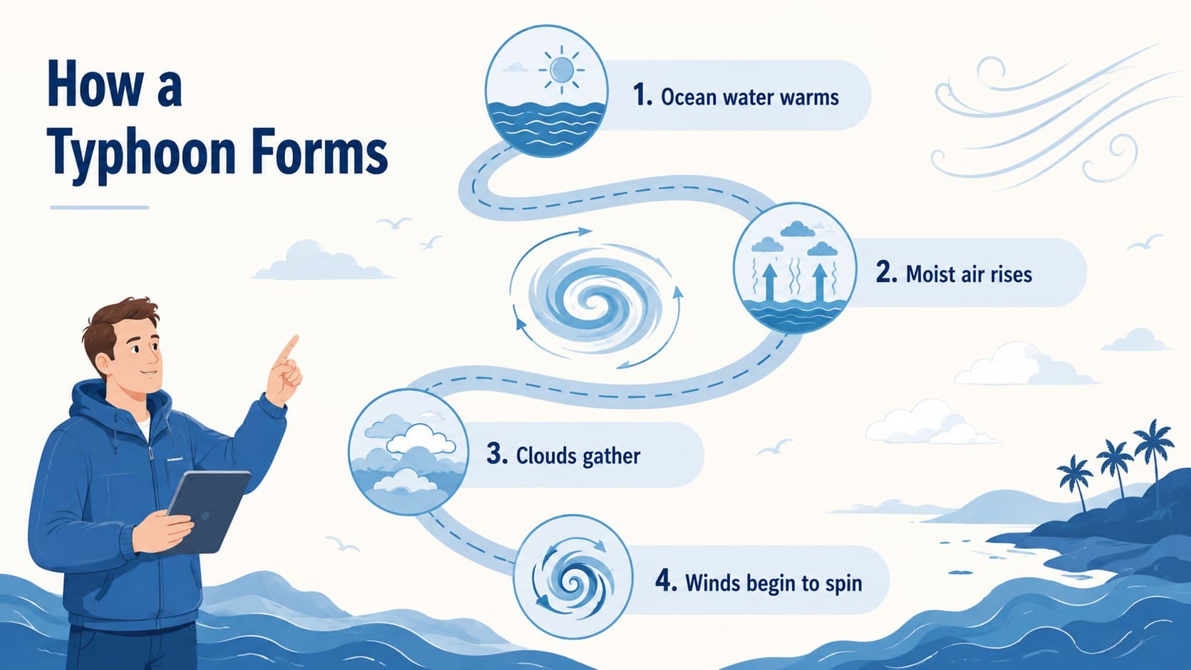 How typhoons form classroom presentation slide with a four-stage illustrated weather sequence.
