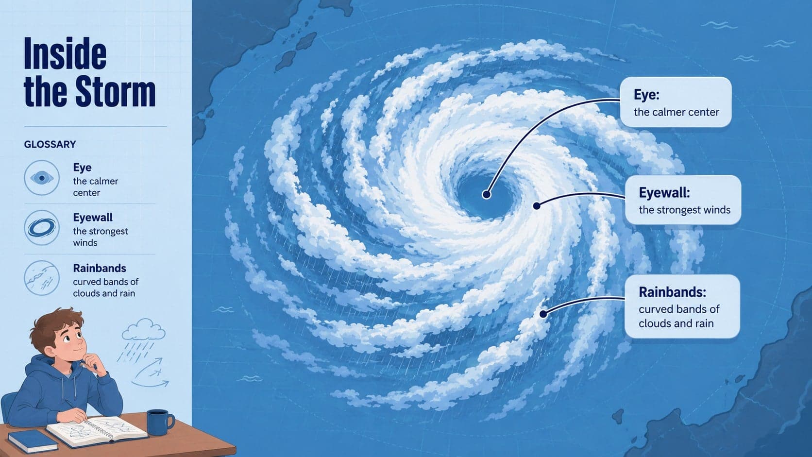 Labeled typhoon anatomy diagram showing the eye, eyewall, and rainbands for a science lesson.