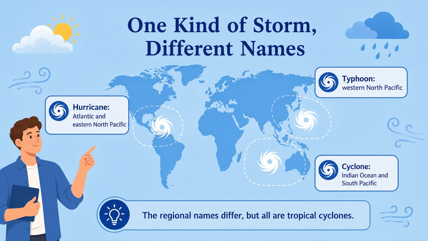 Tropical cyclone vocabulary slide comparing typhoon, hurricane, and cyclone regional names.