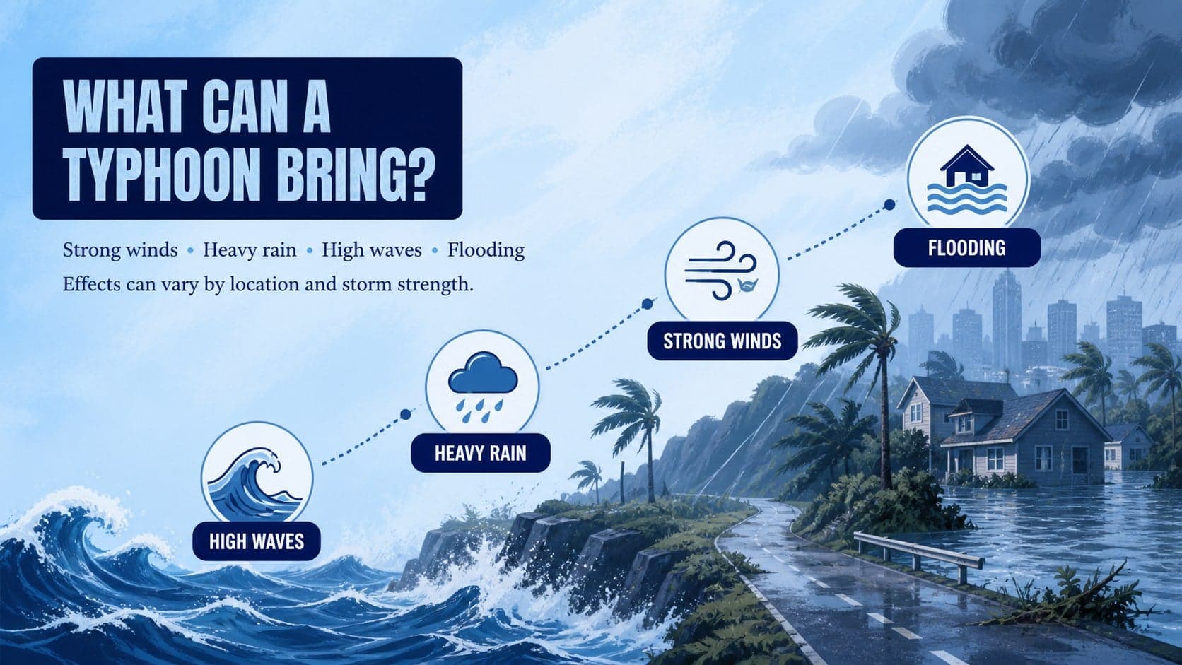 Blue illustrated weather slide describing strong wind, heavy rain, waves, and flooding from typhoons.