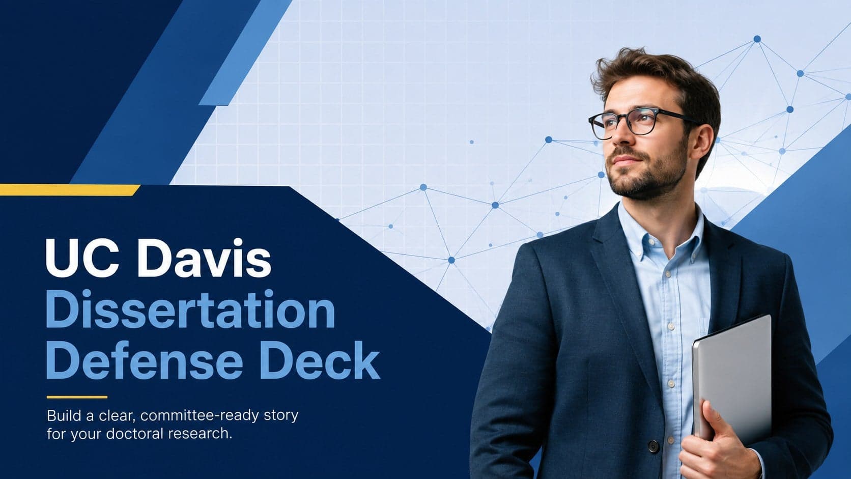 Cover of the UC Davis dissertation defense deck with a formal blue geometric academic design.
