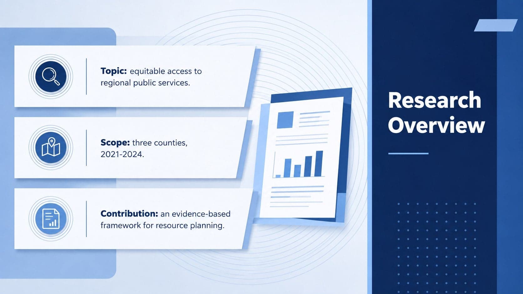Blue academic research overview slide summarizing a dissertation topic, contribution, and study scope.