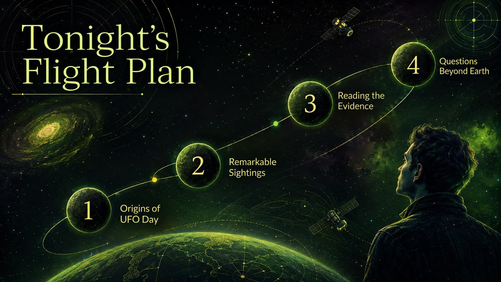 Cosmic agenda slide outlining UFO Day topics in a surreal green-and-black presentation style.