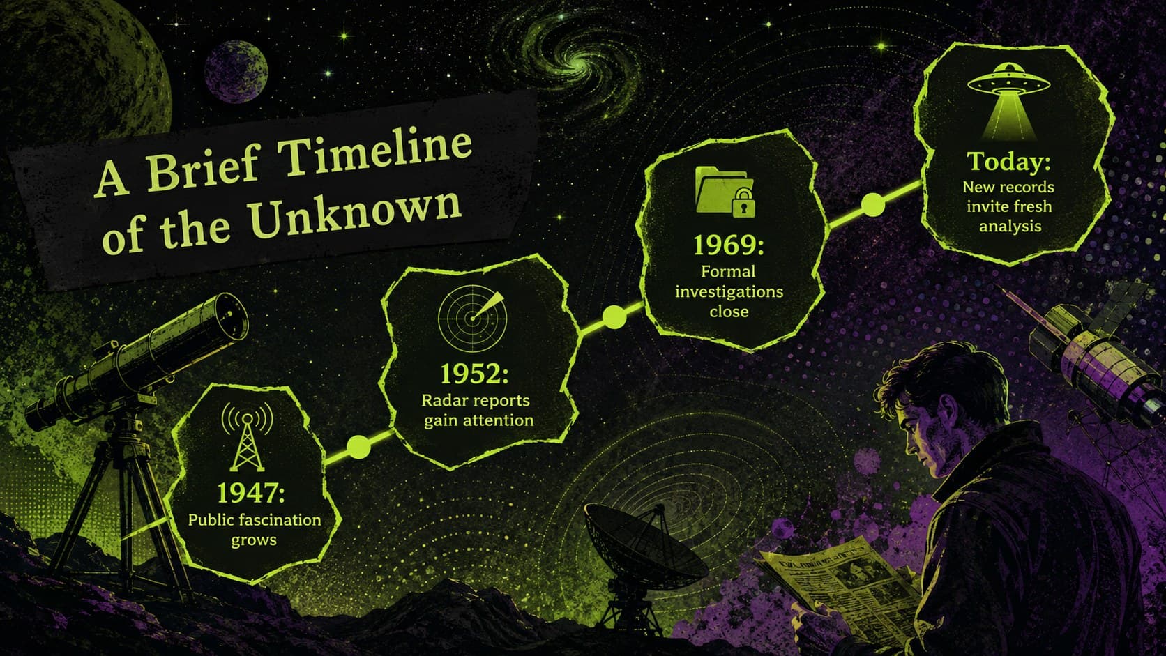 UFO history timeline template with milestones connected by glowing green signal lines.