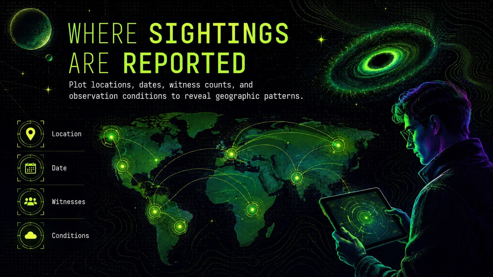 Unexplained sightings presentation map with luminous location markers and radar-inspired graphics.
