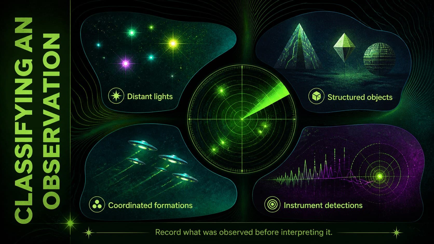 Alien encounter presentation template showing four categories of unusual aerial observations.