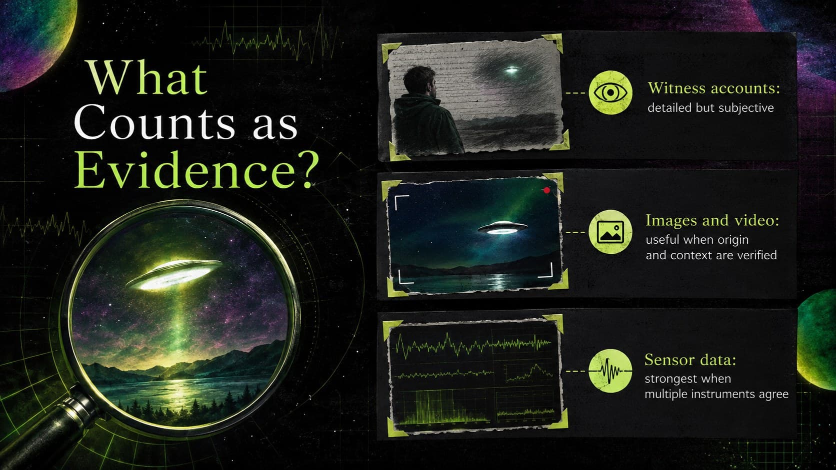 UFO research findings slide deck layout comparing witness accounts, images, and sensor data.