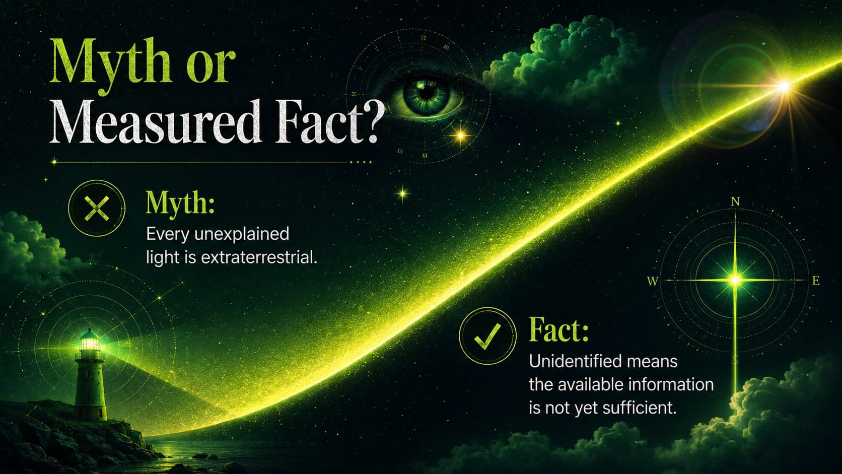 Surreal cosmic presentation theme separating common UFO myths from research-based facts.
