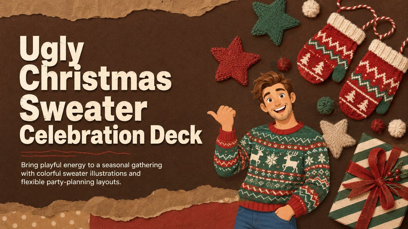Cover of an ugly Christmas sweater celebration deck with colorful knit patterns and playful holiday decorations.