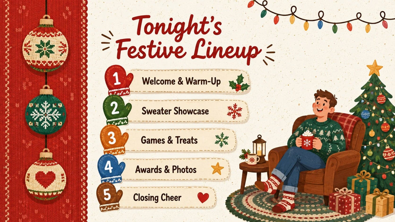 Festive event overview slide listing the sections of an ugly sweater party presentation.