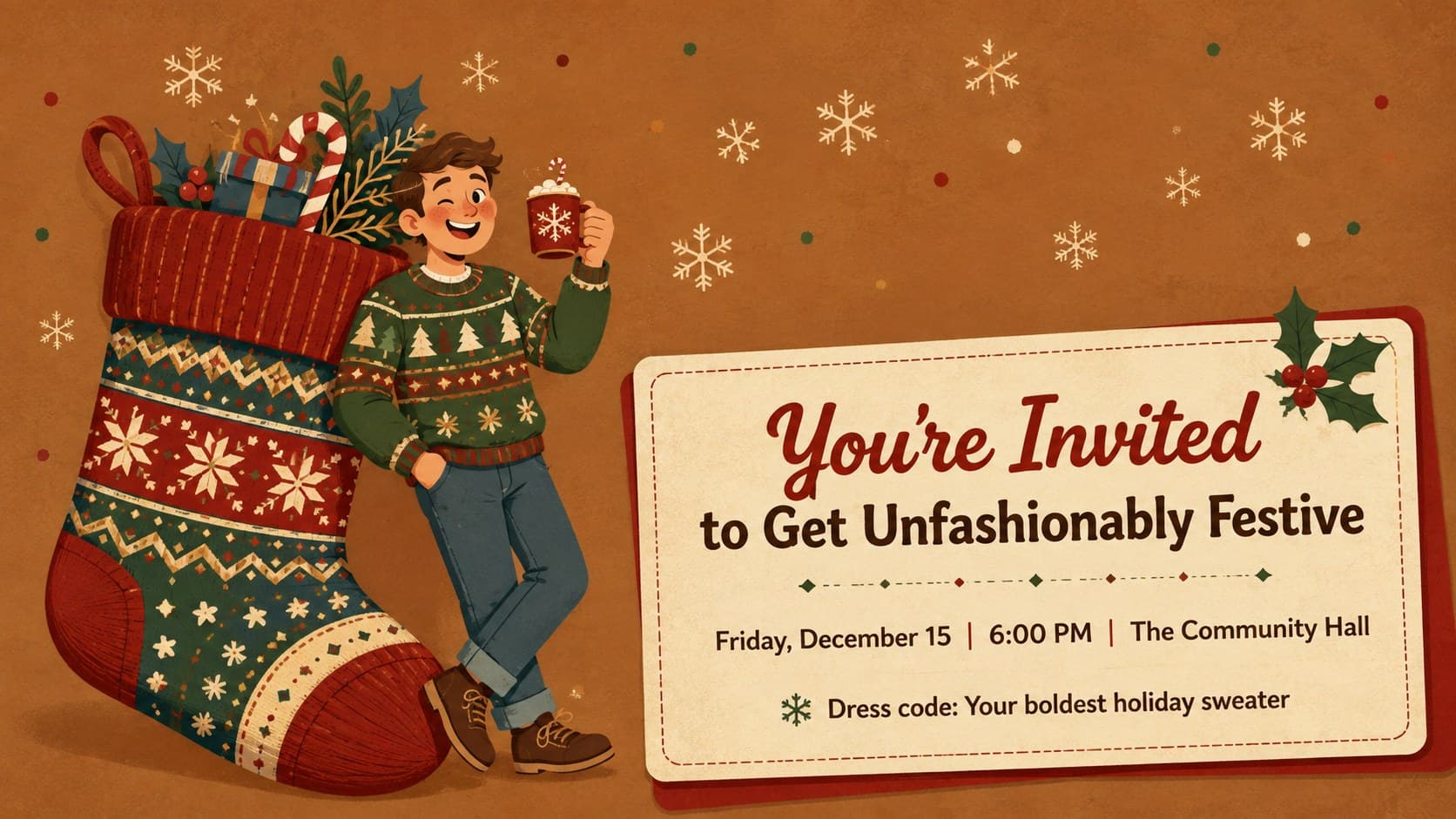 Holiday party invitation slide with event date, location, and ugly sweater dress code.
