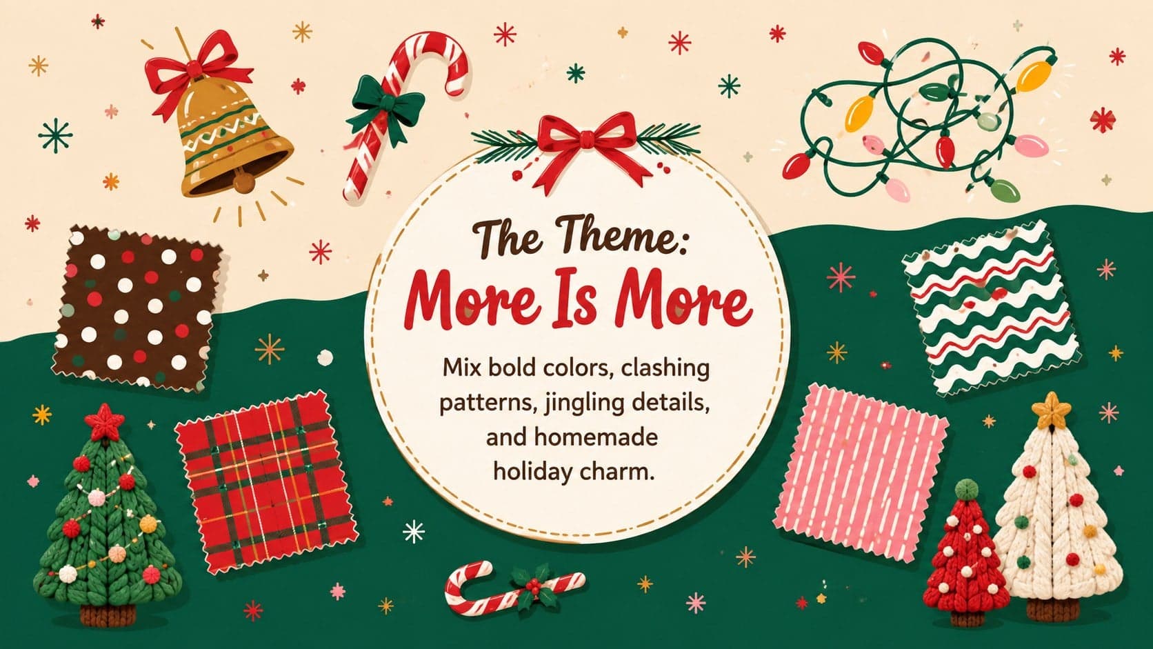Ugly sweater party theme slide showing colorful patterns and festive decoration ideas.