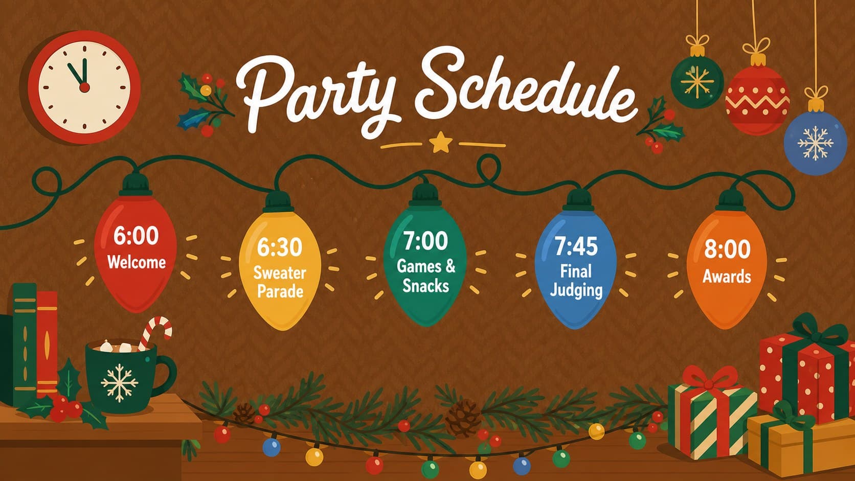 Ugly sweater event schedule slide with arrival, activities, judging, and awards times.