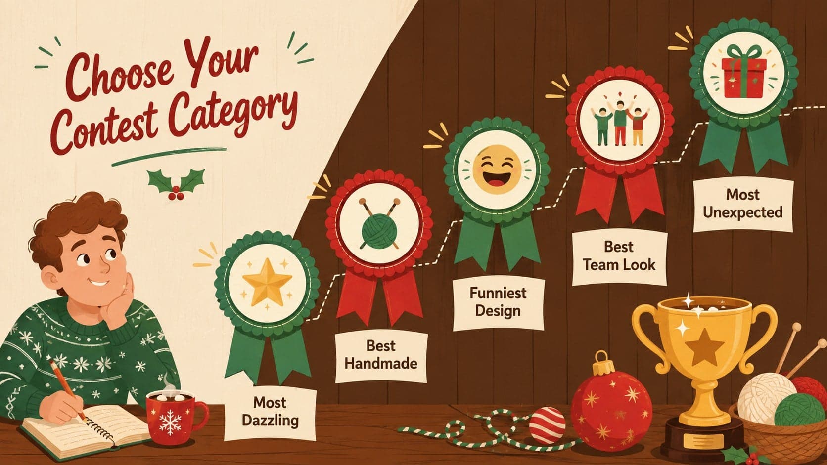 Christmas sweater competition slide listing humorous award categories for party guests.