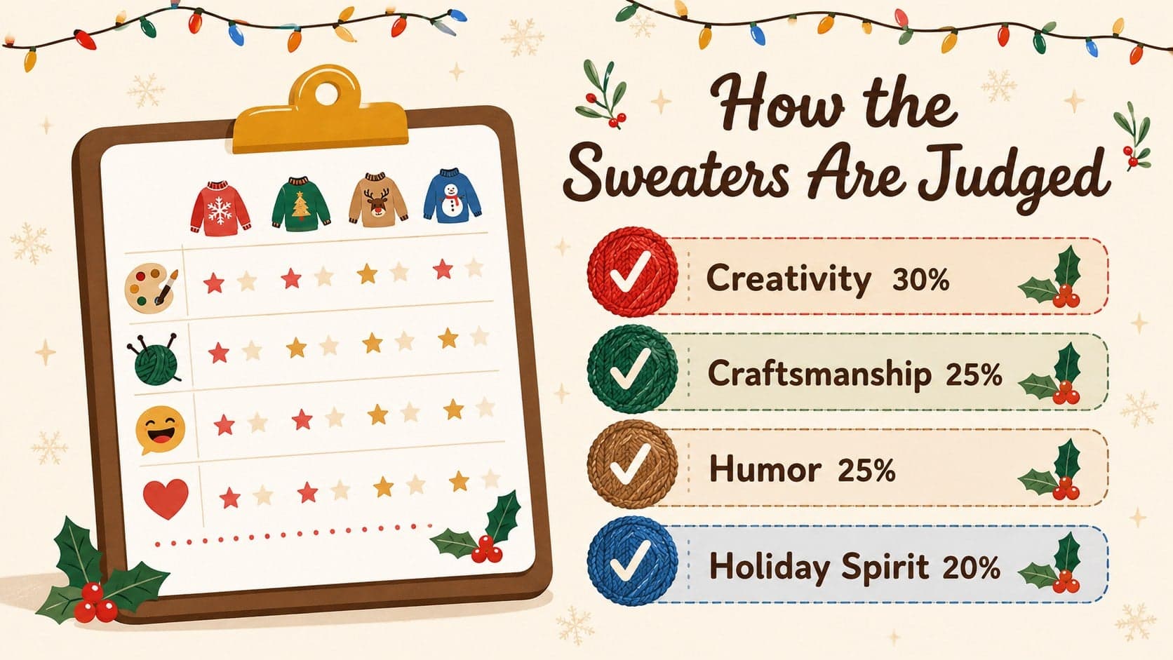 Festive dress contest judging criteria slide with creativity, effort, humor, and holiday spirit.