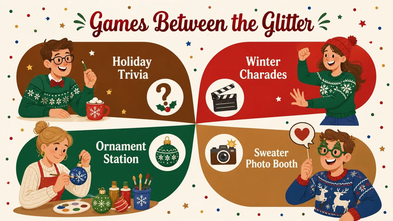 Illustrated holiday party games slide featuring trivia, charades, crafts, and a photo booth.