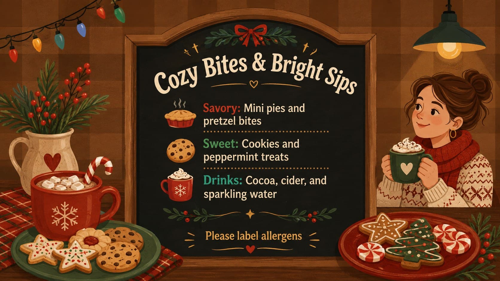 Christmas party menu slide with snacks, drinks, sweets, and dietary reminder sections.