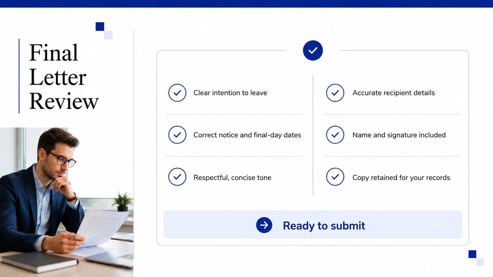 Final review page for a professional UK notice letter with checks for tone, dates, contact details and signature.