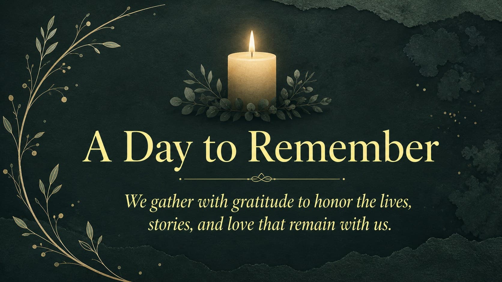 Minimal All Saints’ Day remembrance message slide with foliage and a glowing memorial candle.