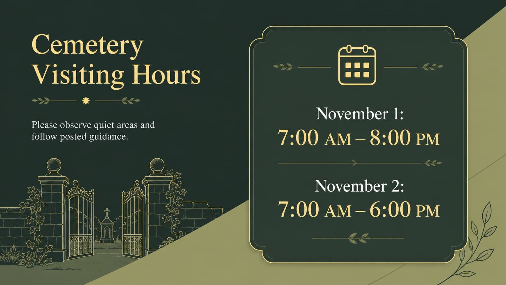 Green and yellow cemetery visiting hours announcement template with a clear schedule layout.