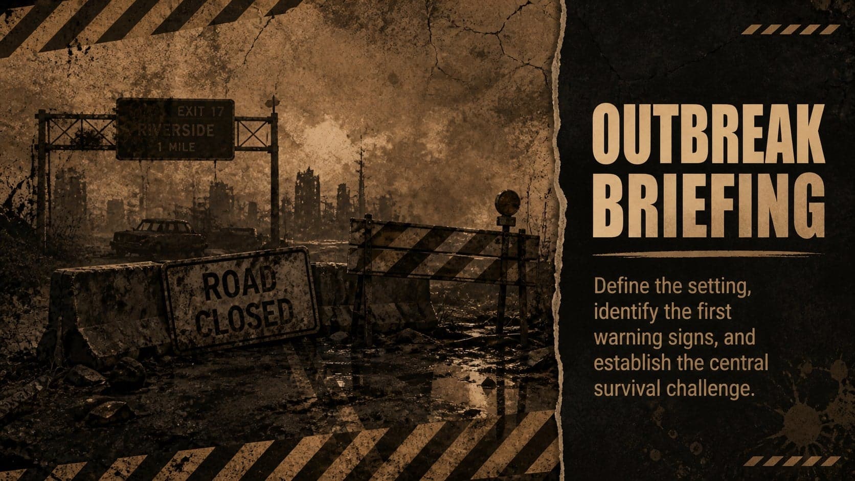Post-apocalyptic presentation template slide introducing an outbreak briefing with distressed brown graphics.