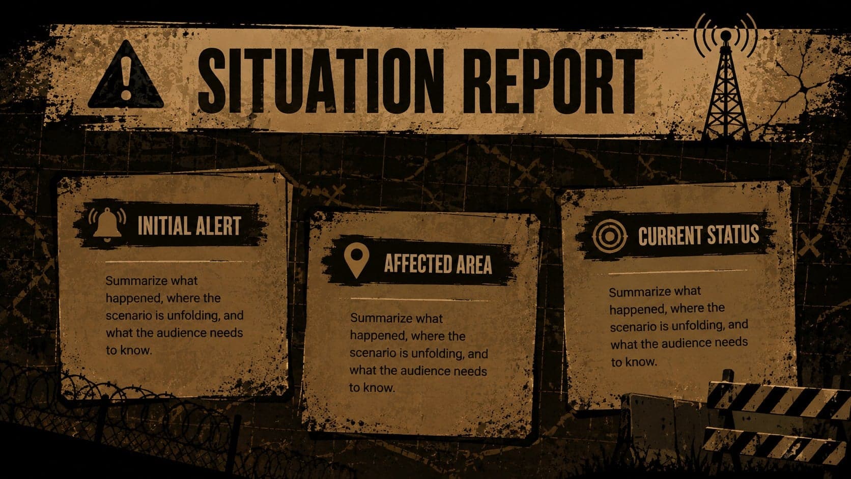 Undead outbreak briefing slide presenting a fictional situation report in a dark illustrated layout.