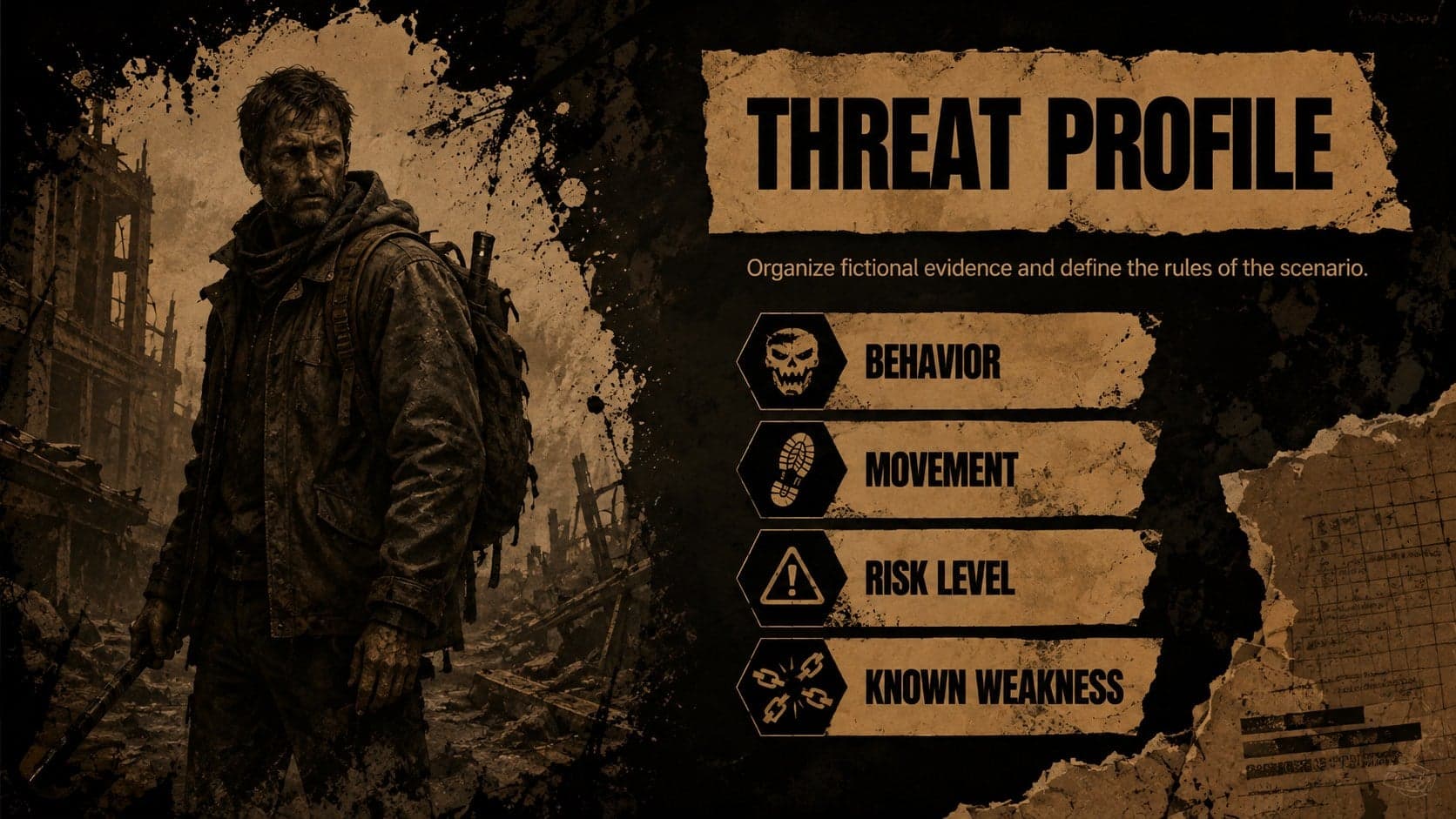 Horror presentation slide showing an original undead threat profile with labeled observations.