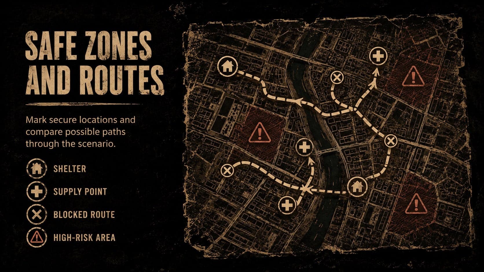 Zombie survival planning deck slide mapping safe zones, blocked routes, and supply points.