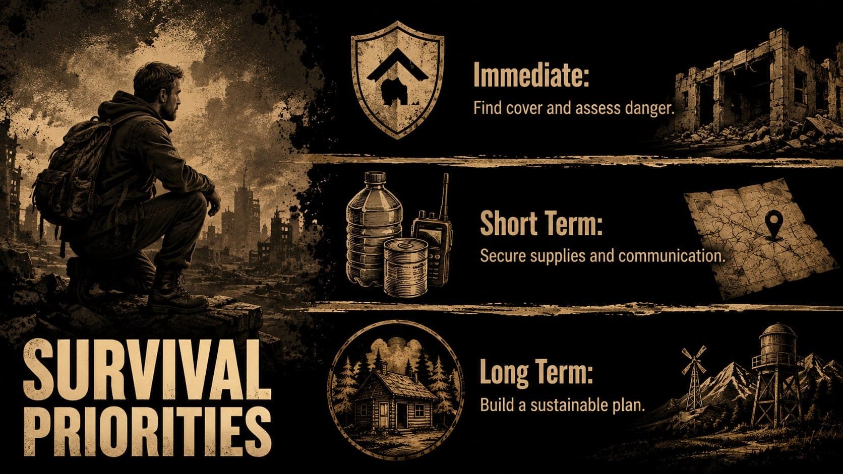Undead survival scenario theme slide listing immediate, short-term, and long-term priorities.