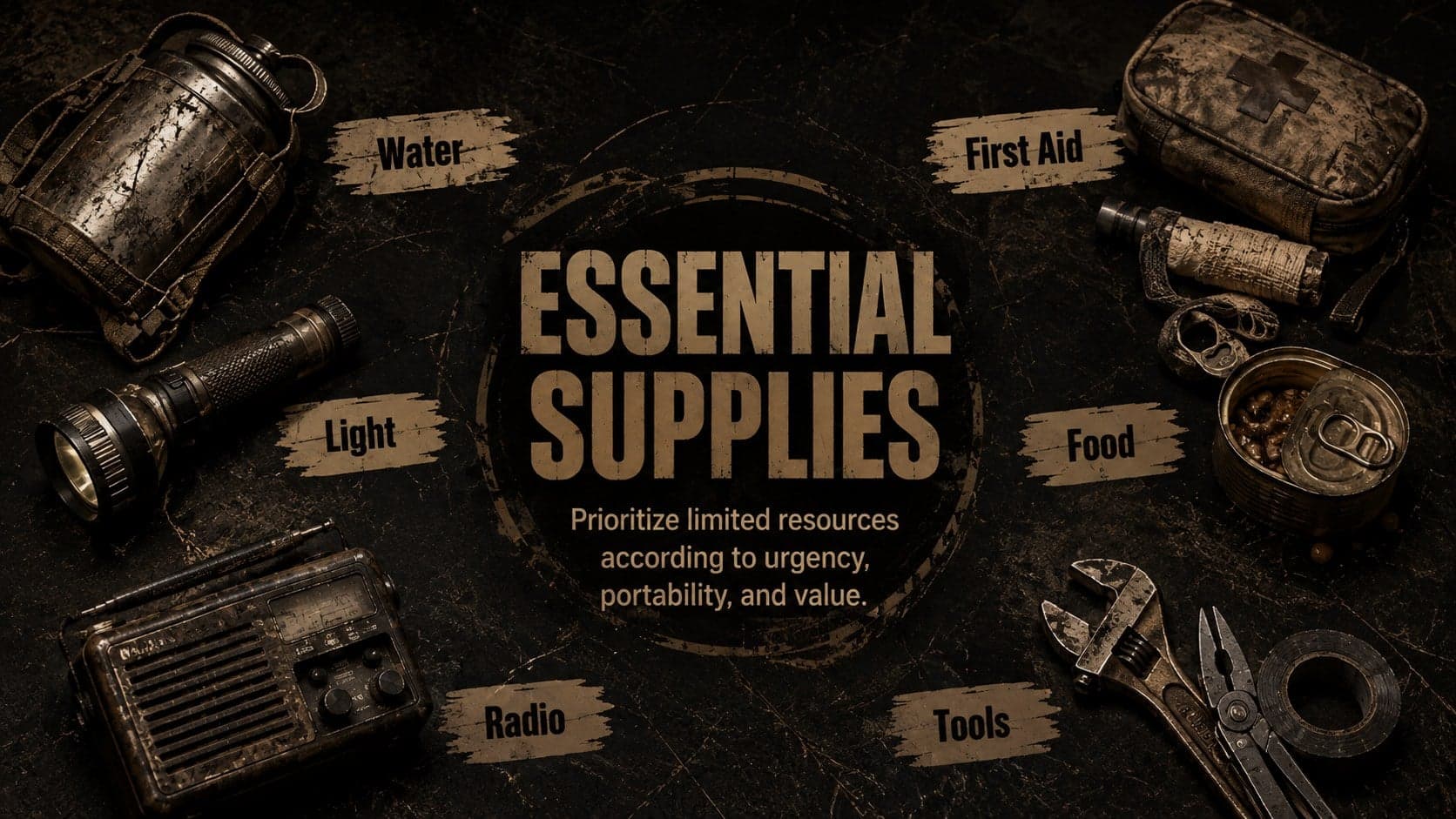 Zombie survival planning slide displaying illustrated essential supplies in a rugged inventory layout.