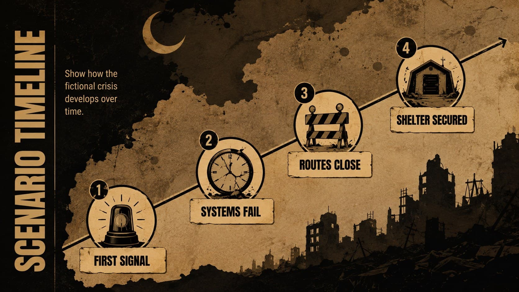 Dystopian story presentation slide tracing a fictional outbreak timeline across four stages.