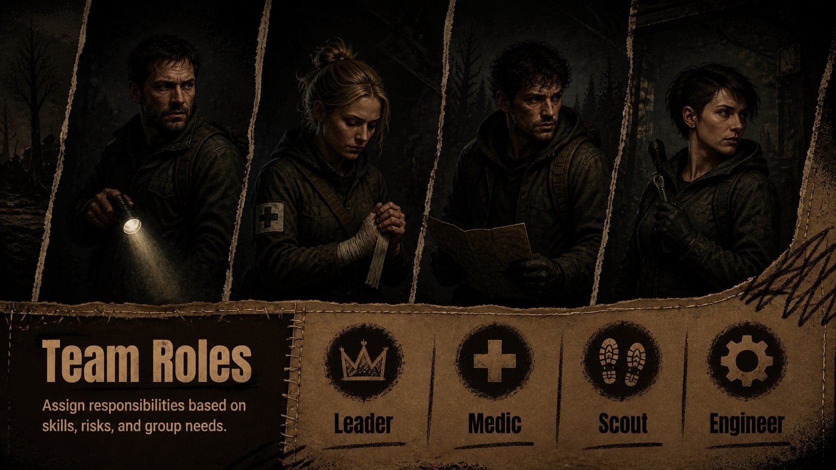 Zombie apocalypse classroom activity slide assigning leader, medic, scout, and engineer roles.